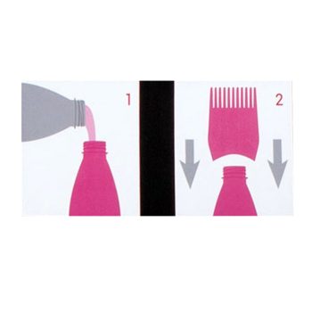 Ilustración paso a paso que muestra verter líquido en una botella rosa y luego encajar un aplicador tipo peine sobre la boca para uso profesional, con contraste de colores que distingue las piezas.