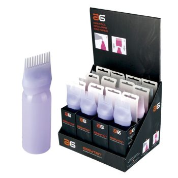 Expositor negro con varias botellas aplicadoras plásticas color lila con boquilla tipo peine y un aplicador suelto a la izquierda para dispensar líquidos, alta calidad.