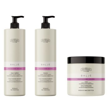 Trío de productos de cuidado capilar con dos botes con dosificador y un tarro de mascarilla en diseño minimalista blanco con banda rosa que indica protección de color, pensado para uso profesional y con apariencia oficial de salón.
