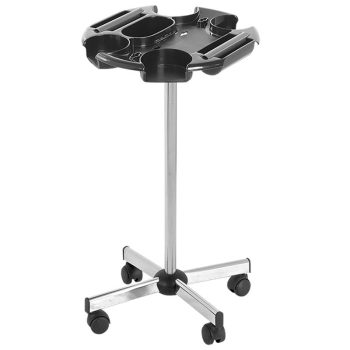 Soporte móvil para herramientas de peluquería con bandeja negra con varios compartimentos, poste metálico y base con ruedas para fácil desplazamiento, diseño estable y 'alta calidad', ideal para tienda.