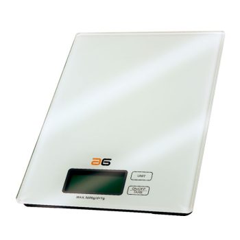 Báscula digital de cocina con superficie de vidrio blanco, pantalla LCD y botones táctiles, diseño fino y aspecto profesional.