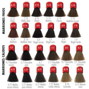 Carta de muestras de color de cabello con secciones etiquetadas "MARRONES FRIOS" y "MARRONES CALIDOS", mostrando mechones en tonos desde roble y ébano hasta avellana, nogal y chocolate colocados en filas con pestañas rojas, diseñada para uso profesional.
