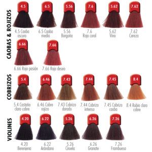 Muestra de mechones de colores de cabello en tonos caoba, rojizo, cobrizo y violáceo dispuestos en filas para referencia de peluquería.