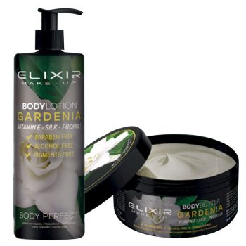Envases de cosmética corporal Gardenia: un frasco dosificador de loción y un tarro abierto de body butter que muestra la crema, con etiquetas verdes y negras, texto visible de ingredientes y beneficios, de aspecto atractivo y aptos para peluquería.