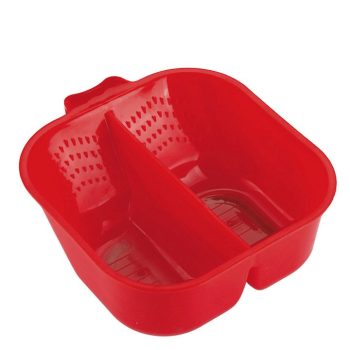 Organizador de plástico rojo para fregadero con dos compartimentos separados por un divisor central y paredes perforadas en forma de corazón, de alta calidad.