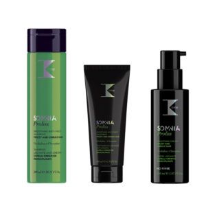 Tres productos para el cuidado del cabello antiencrespamiento de la línea Somnia Proliss: un champú en un bote verde, un tratamiento en tubo negro y una crema sin aclarado con dosificador negro, presentados para peluquería.