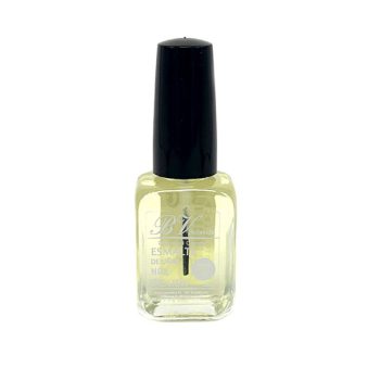 Botella rectangular de esmalte o tratamiento para uñas con líquido amarillo pálido y tapa negra, pensada para peluquería y uso por profesionales.