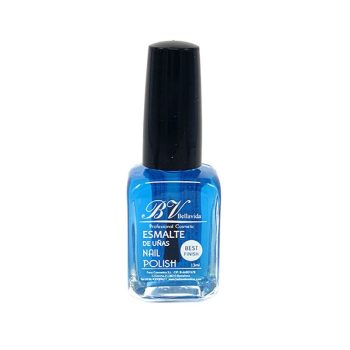 Esmalte de uñas azul en frasco de vidrio con tapa negra y etiqueta en inglés y español, indicado para peluquería y manicura.