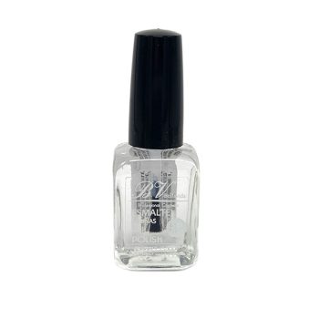Botella de esmalte de uñas transparente con tapa negra y pincel visible en el interior, presentación de producto clara y de alta calidad.