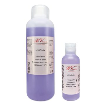 Dos botellas de removedor morado para esmaltes gel, U.V. y acrílicos con etiquetas blancas, en presentaciones grande y pequeña, alta calidad.
