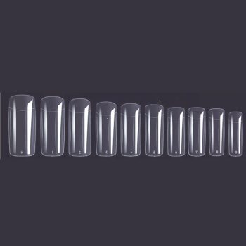 Diez uñas postizas transparentes numeradas del 0 al 9, dispuestas de mayor a menor sobre un fondo oscuro con reflejos brillantes, alta calidad.