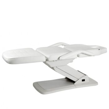 Camilla blanca eléctrica ajustable de varias secciones con reposabrazos y base estable, ideal para tratamientos y uso profesional en clínicas y spas.
