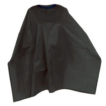 Capa para corte de peluquería negra de gran tamaño con cuello redondo y ribete azul, pliegues y costuras visibles que sugieren un tejido liso y resistente, alta calidad.