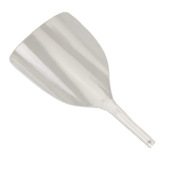 Paleta de plástico translúcido con pala ancha y mango corto, superficie lisa y brillante, diseñada para uso 'profesional' en tareas de mezcla o recogida.