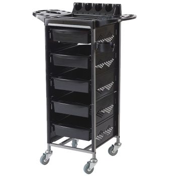 Carrito rodante negro tipo trolley para salón con cinco cajones extraíbles, paneles laterales ventilados, superficie superior con compartimentos y soportes para herramientas y cuatro ruedas giratorias para uso profesional.