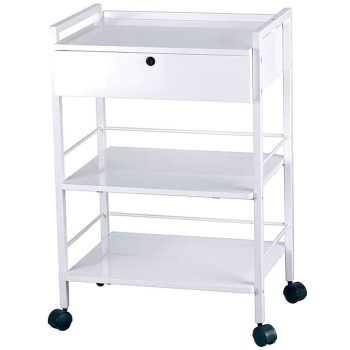 Carrito metálico blanco de alta calidad con cajón superior, dos estantes abiertos y ruedas giratorias negras para uso en oficina, baño o cocina.