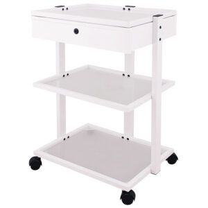 Carrito auxiliar blanco de tres niveles con bandejas enmarcadas y superficies lisas, cajón superior con detalle circular frontal y ruedas giratorias negras, diseño minimalista que transmite alta calidad y estética directa.