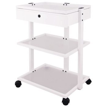 Carrito auxiliar blanco de tres niveles con bandejas enmarcadas y superficies lisas, cajón superior con detalle circular frontal y ruedas giratorias negras, diseño minimalista que transmite alta calidad y estética directa.