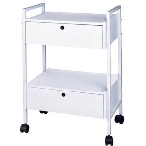 Carro auxiliar blanco de metal con dos cajones frontales, estante intermedio y ruedas giratorias, diseño compacto y acabado limpio ideal para uso profesional y con buena resolución de detalles para accesibilidad.