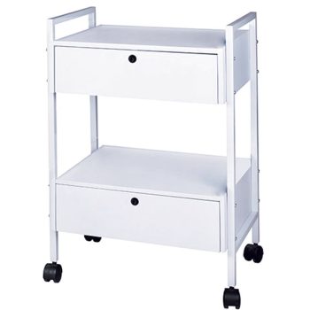 Carro auxiliar blanco de metal con dos cajones frontales, estante intermedio y ruedas giratorias, diseño compacto y acabado limpio ideal para uso profesional y con buena resolución de detalles para accesibilidad.