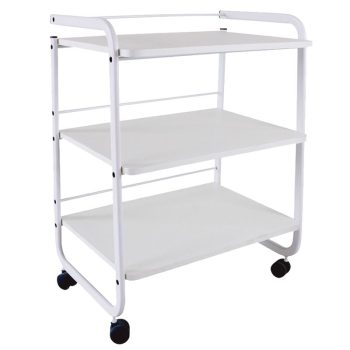 Carrito blanco de metal con tres estantes y ruedas giratorias, diseño compacto para organizar herramientas y productos en salón o peluquería.