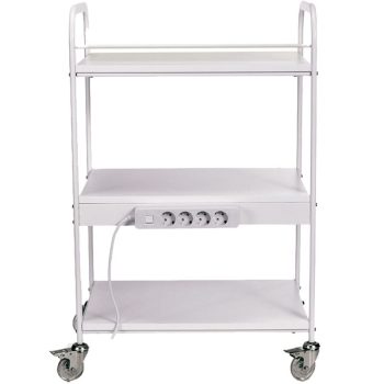 Carrito blanco metálico de tres estantes sobre ruedas con regleta eléctrica de cuatro enchufes y cable visible, indicado para peluquería.