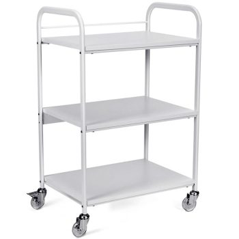 Carrito de servicio blanco de tres estantes con estructura tubular y asas laterales sobre cuatro ruedas giratorias con freno, diseño compacto y alta calidad.