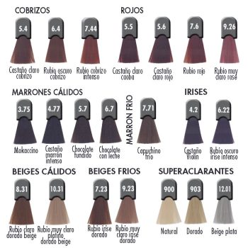 Carta de colores de cabello en alta calidad que muestra muestras de mechones y nombres agrupados por categorías como cobrizos, rojos, marrones cálidos, marrón frío, irises, beiges cálidos, beiges fríos y superaclarantes para ayudar en la selección de tono.
