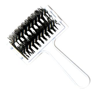 Cepillo rectangular de mango transparente con varias filas de cerdas negras agrupadas en tiras para desenredar, herramienta de peluquería original.