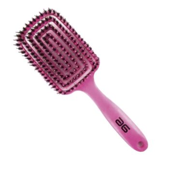 Cepillo tipo paleta de color rosa con cerdas negras dispuestas en filas sobre una almohadilla rectangular y mango ergonómico con orificio para colgar, alta calidad.