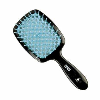 Cepillo paleta negro con almohadilla acolchada y cerdas flexibles azules de puntas redondeadas para desenredar y masajear el cuero cabelludo, alta calidad.
