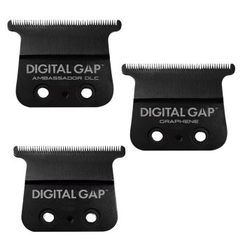 Tres cuchillas negras de repuesto para recortadora con la marca DIGITAL GAP, dispuestas sobre fondo blanco como un kit completo para peluquería y cortes de precisión.