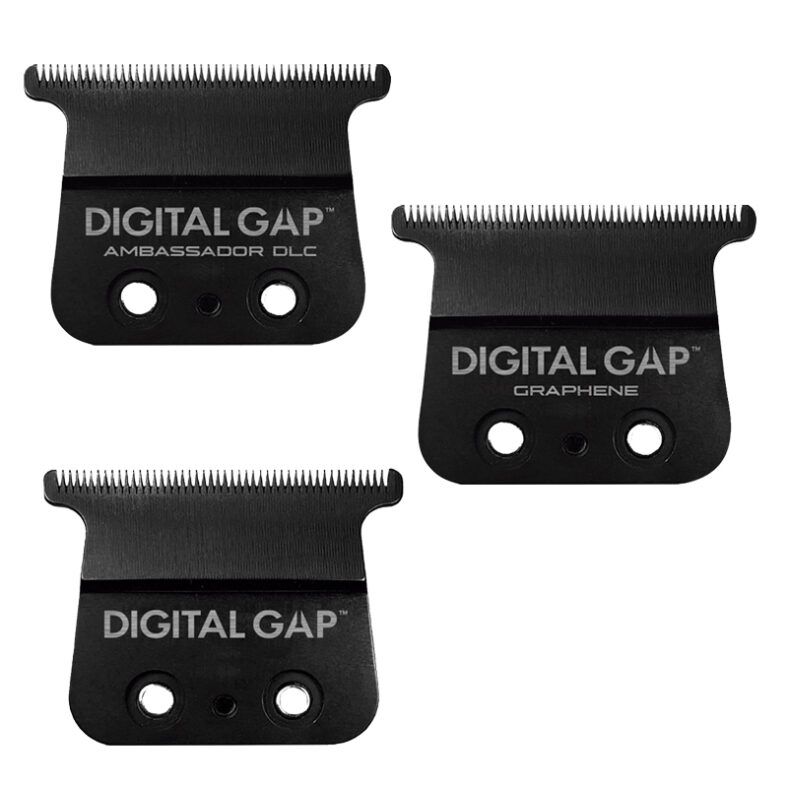 Tres cuchillas negras de repuesto para recortadora con la marca DIGITAL GAP, dispuestas sobre fondo blanco como un kit completo para peluquería y cortes de precisión.