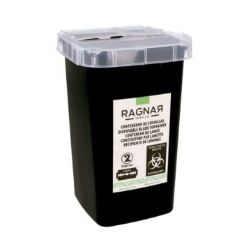 Contenedor negro rectangular para desechos punzocortantes con tapa transparente, etiqueta de biohazard e indicación de un solo uso, diseñado para almacenamiento seguro de cuchillas y alta calidad.