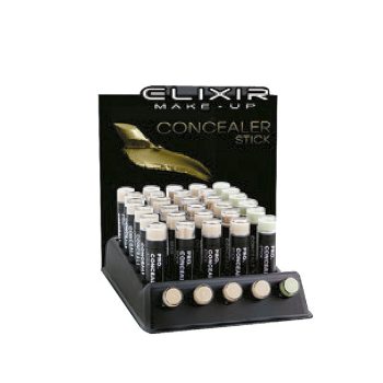 Exhibidor negro de mostrador con un gráfico de pluma dorada que contiene varias filas de sticks de corrector en distintos tonos organizados para venta, pensado para uso profesional de maquillaje.