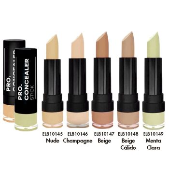 Filas de cinco barras de corrector de maquillaje profesional en envases negros con tonos Nude, Champagne, Beige, Beige Cálido y Menta Clara, mostradas en alta resolución para apreciar la textura y tonalidad.