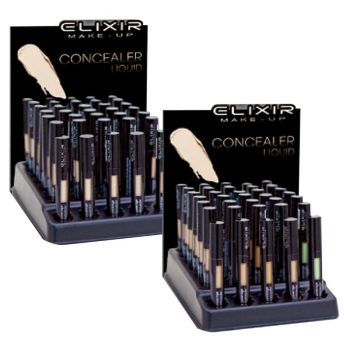 Expositor de maquillaje con numerosos correctores líquidos en envases negros y transparencias que muestran varias tonalidades junto a carteles negros con una pincelada beige, ideal para presentar productos de alta calidad.