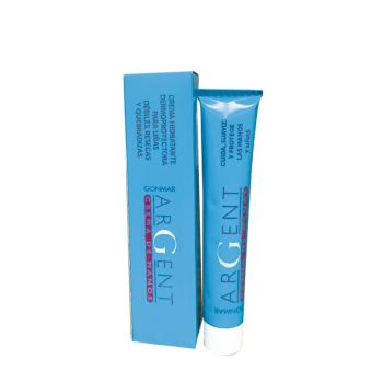 Tubo y caja azules de crema hidratante y protectora para manos y uñas con tipografía visible sobre fondo blanco, producto para peluquería.