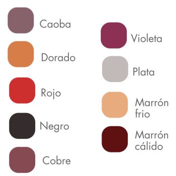 Paleta de colores con casillas redondeadas y etiquetas en español que muestran Caoba, Dorado, Rojo, Negro, Cobre, Violeta, Plata, Marrón frio y Marrón cálido, pensada para uso profesional y disponible para selección.