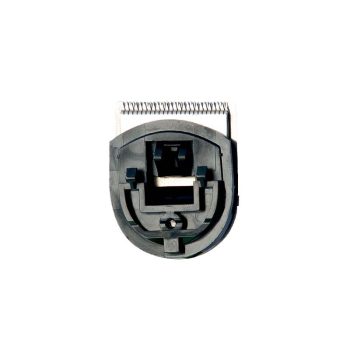 Cabezal de cortapelos eléctrico visto de frente con cuchilla metálica y carcasa negra sobre fondo blanco, ideal para imágenes de peluquería y promociones con opción de pago.