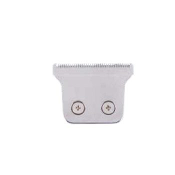 Cabezal metálico de cuchilla tipo T para recortadora profesional sobre fondo blanco, ideal para detalles en peluquería.