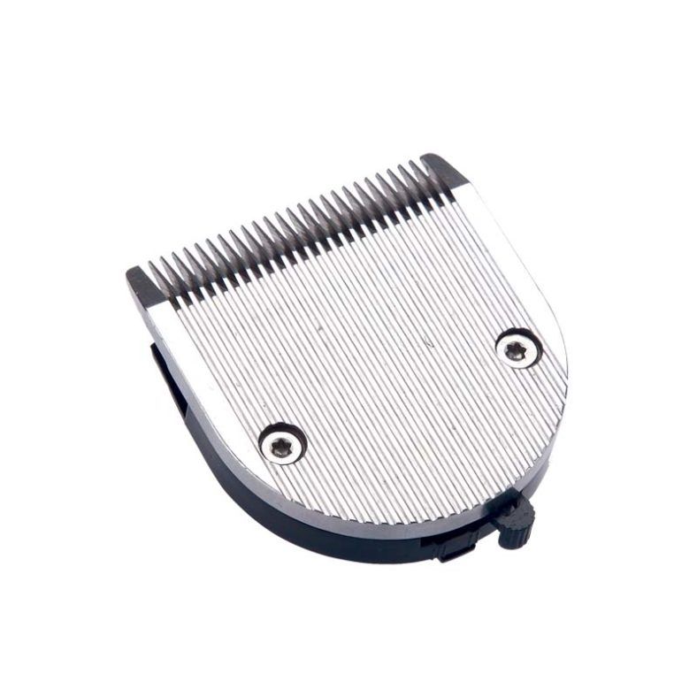 Cuchilla metálica de recambio para cortapelos con dientes finos, tornillos visibles y base de plástico negro, con aspecto 'profesional'.