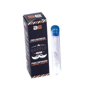 Caja negra de recambios para navaja de bolígrafo con diseño de barbería y un tubo de plástico con hojas de repuesto, ideal para uso en peluquería.