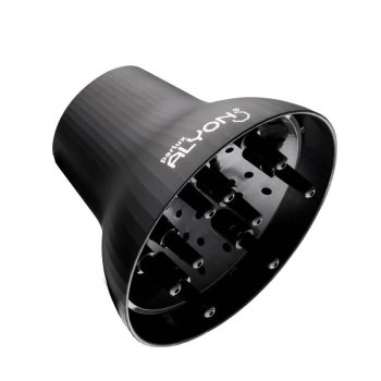 Difusor negro de plástico para secador de pelo con pines cónicos y rejilla interior, diseñado para uso en peluquería por profesionales.