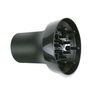 Difusor negro para secador de pelo con cúpula circular, púas y múltiples orificios para distribuir el aire y dar volumen, apariencia profesional.
