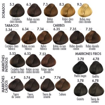 Paleta de muestras de color de cabello en alta calidad que muestra tonos dorados, tabacos, caribeños y varias familias de marrones cálidos, intensos y fríos con ejemplos de castaño, rubio y grafito para referencia de color.