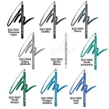 Conjunto en cuadrícula de nueve lápices delineadores con trazos de color y nombres legibles —diamante negro, grafito, hierro, eclipse plateado, noche blanca, verde primavera, verde bosque, océano metálico y azul real— presentados como opción profesional.