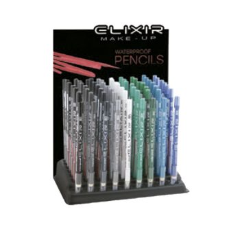 Exhibidor de lápices de maquillaje waterproof organizados verticalmente por tonos gris, blanco, verde y azul sobre una base negra, pensado para uso profesional y con una composición ordenada que facilita la elección.