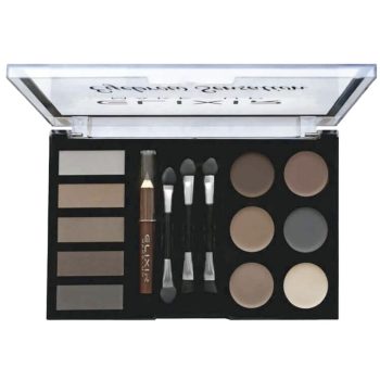 Paleta de maquillaje para cejas y sombras con tonos neutros marrones y grises, lápiz perfilador, cuatro aplicadores esponja dobles y tapa transparente, diseño compacto de alta calidad.