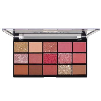 Paleta de sombras de ojos alta calidad con estuche negro y tapa transparente que contiene veinte tonos rosados, dorados y marrones en acabados mate y brillantes ideal para looks versátiles.